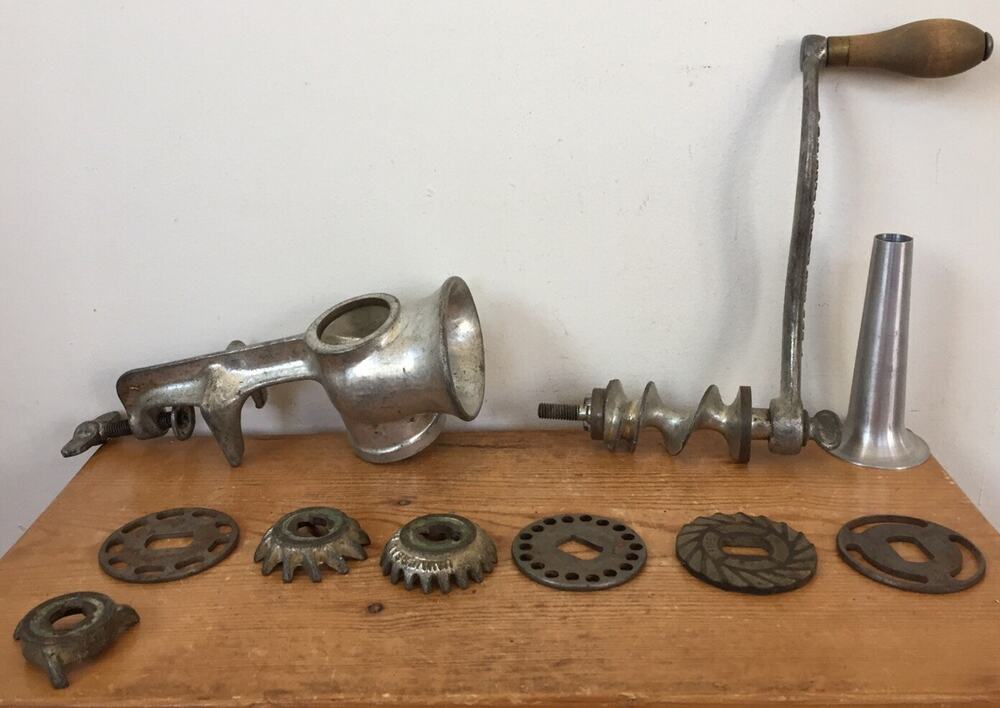 Vintage Antique Universal Meat Grinder w Attachements Bread Crumber Parts LF&C